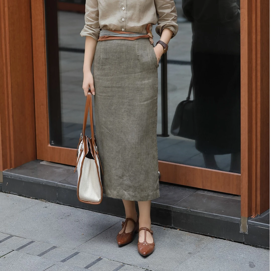 【杜小小】”镜面优雅“气质百搭休闲时尚亚麻显瘦高腰半身裙女9981