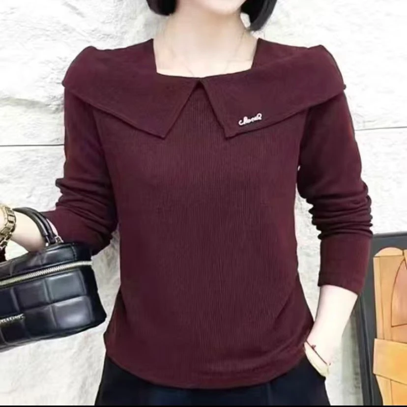 春秋新款时尚百搭气质洋气显瘦打底宽松长袖女士上衣 一字领开叉