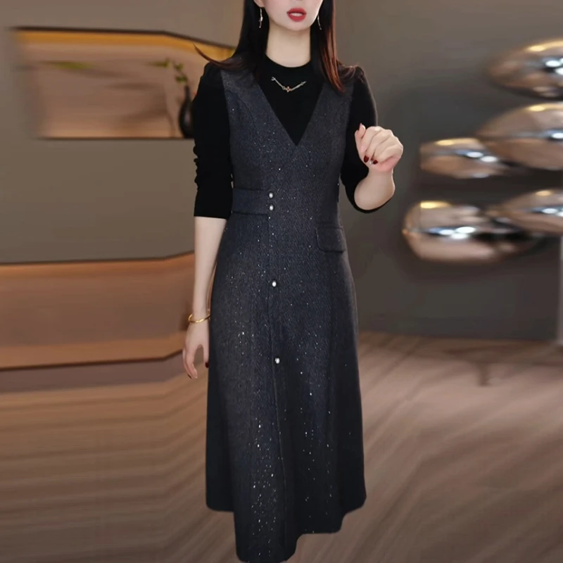 木雅精纺时尚名媛打底裙2025秋冬新款气质显瘦假两件内搭连衣裙子