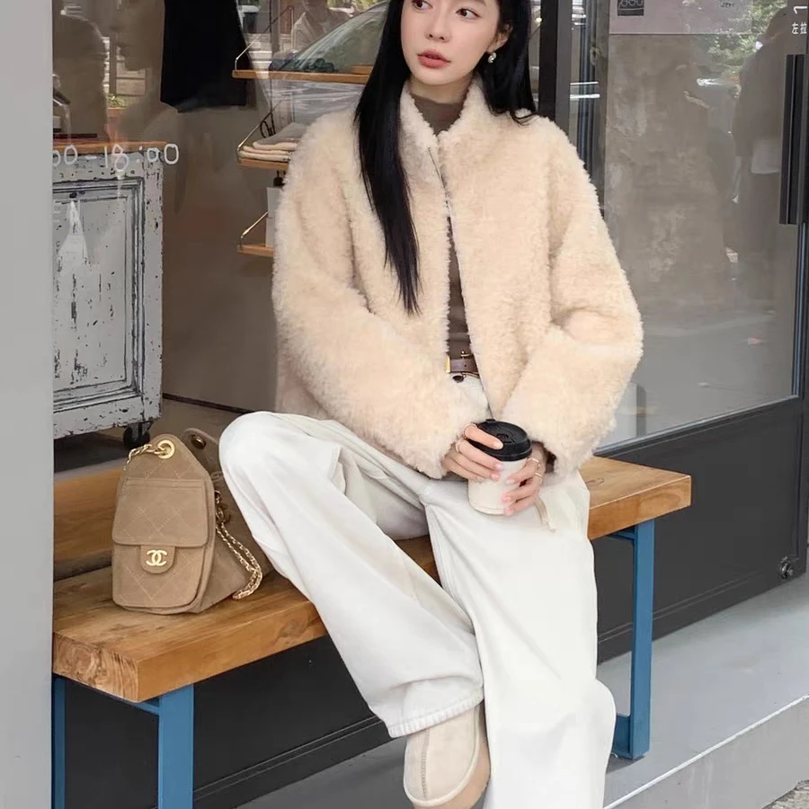 58873简约款立领净面拉链三色皮毛外套