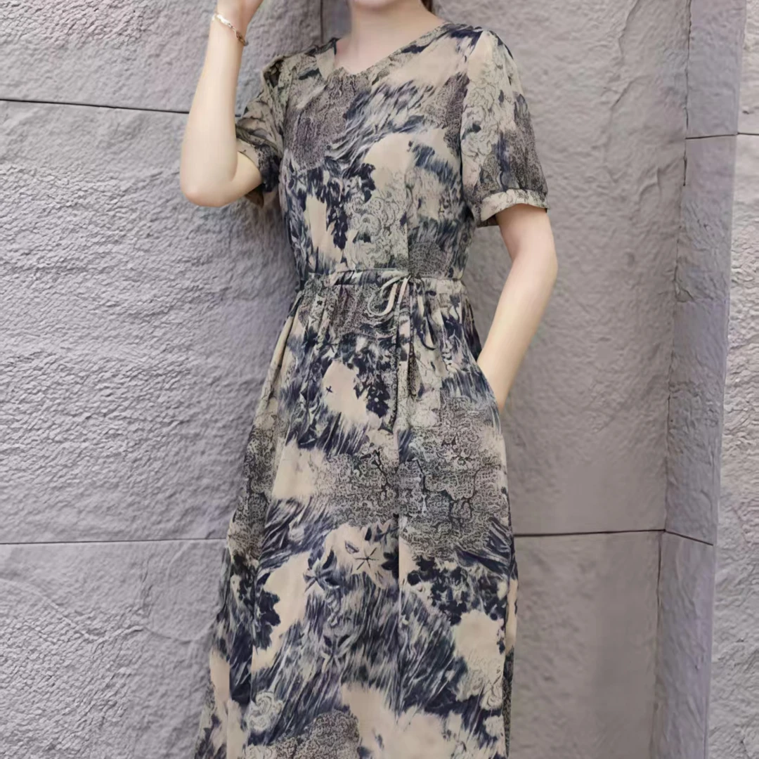 10113-连衣裙子女装夏季新款妈妈气质洋气收腰时髦中长裙【F仓】