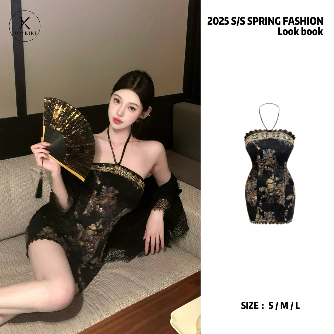 JOY KIKI清清!【墨玉轻霜】复古新中式国风碎花吊带连衣裙J25A410