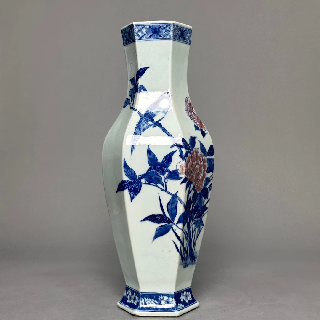 【pm】Lot.2424 青花釉里红花鸟纹六方瓶