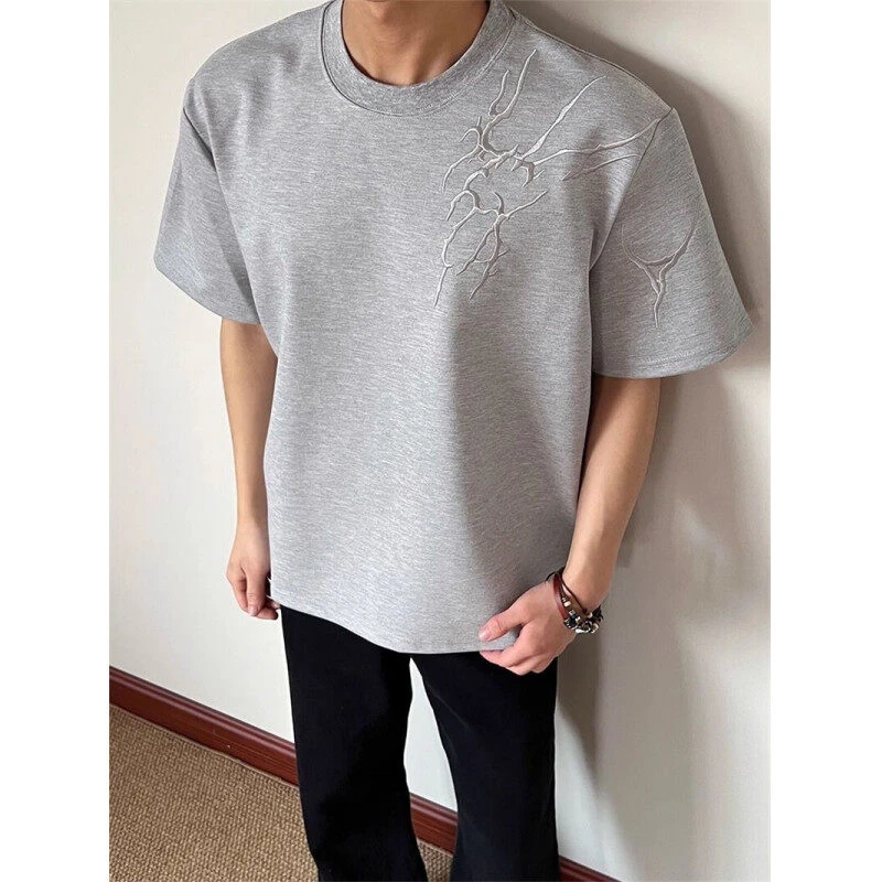 美式高街cleanfit小众刺绣闪电暗纹圆领短袖T恤男女夏季百搭显高