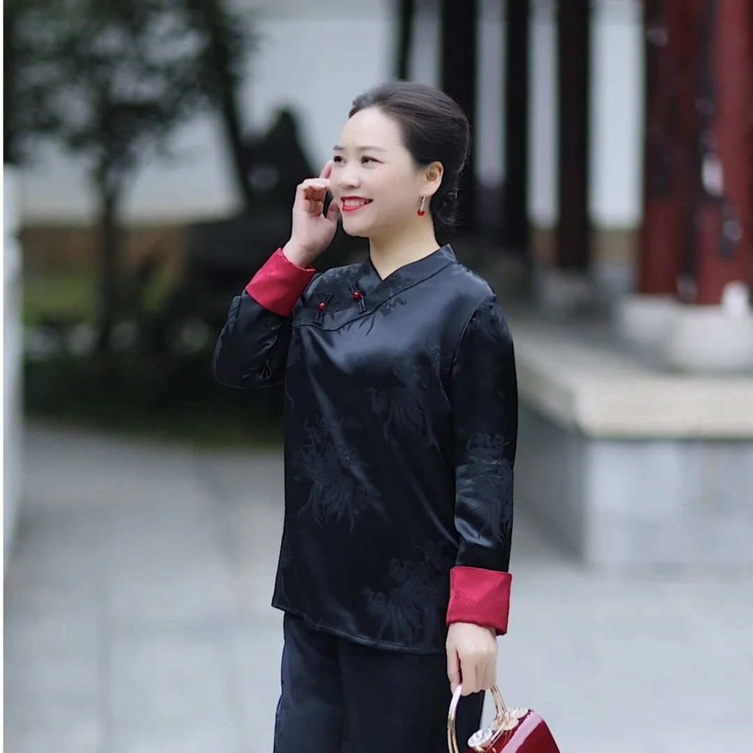 【美爱】原创红袖添香斜襟重磅网红衬衫提花新中式长袖双面上衣