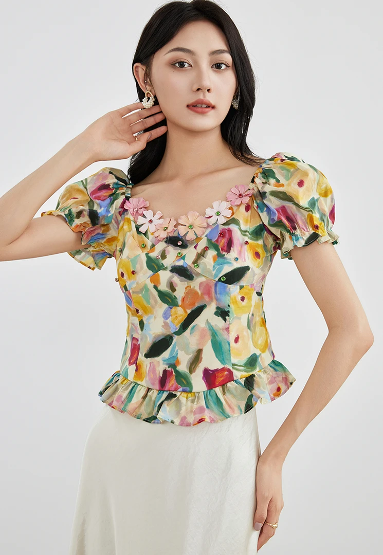 爱客夏季印染设计感泡泡袖雪纺衫透气荷叶边衬衫衬衣YA25221Z004