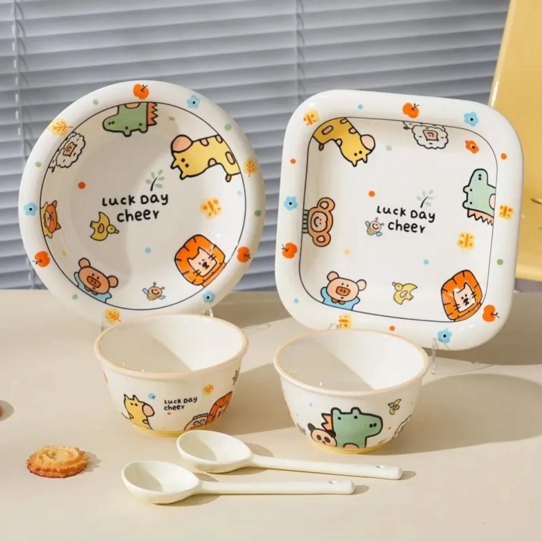 奶油卡通风动物王国两人食汤碗米饭碗深盘套装餐具碗勺创意可爱风