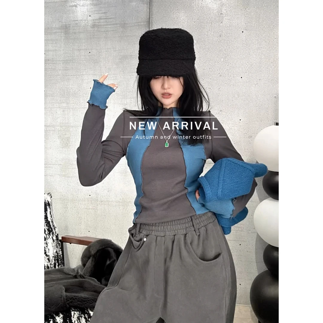 韩系2025秋冬新款拼接撞色长袖T恤女百搭洋气卷边显瘦设计感上衣