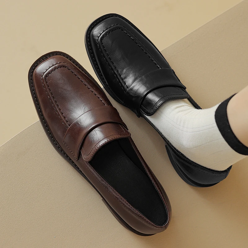 大码女鞋41—43 方头平底学院风巨软小皮鞋休闲百搭单鞋英伦风黑色