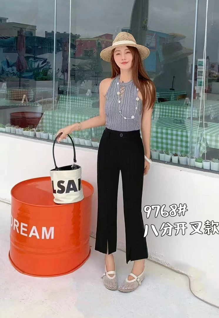 千度夏款百搭超薄开衩微喇叭裤9768