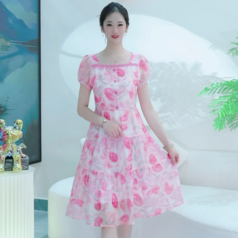 夏季2025时尚印花连衣裙气质显瘦小个子收腰简约裙子3068
