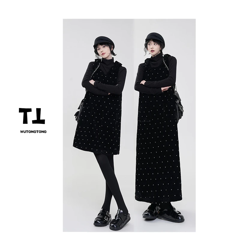 现货【酒精胶囊】秋冬季加棉波点背带裙女宽松过膝气质连衣裙61736