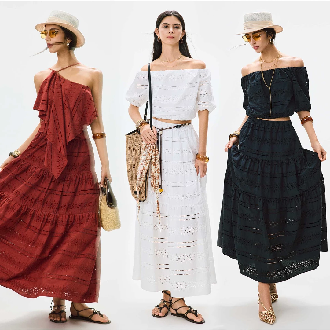 ANNASPEAK夏季南法假日 复古镂空一字肩吊带泡泡袖纯棉上衣半身裙