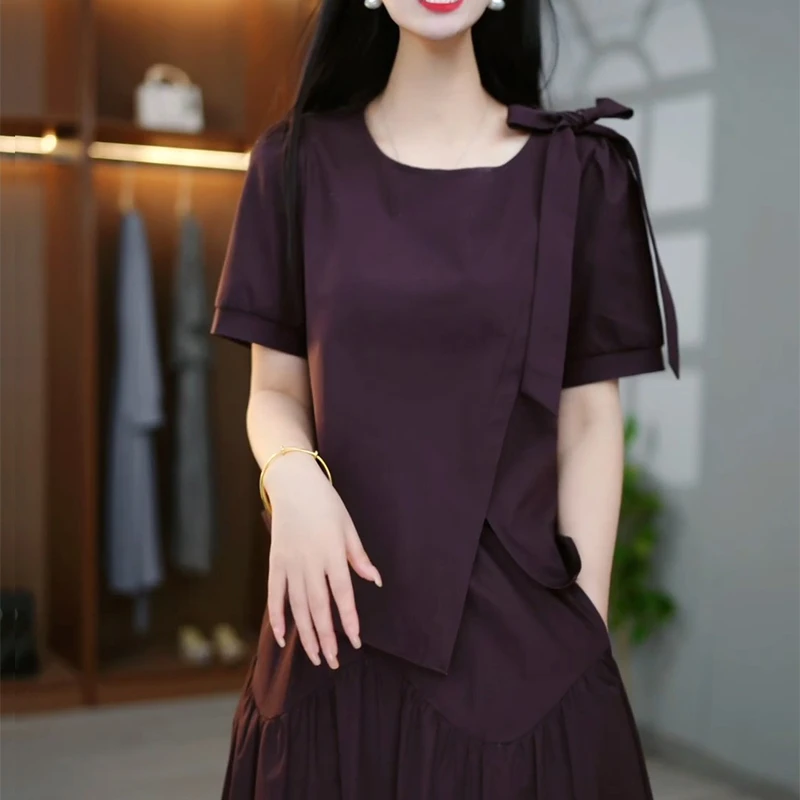 2025夏季新款时尚遮肚子显瘦蝴蝶结短袖上衣半身裙休闲两件套装女