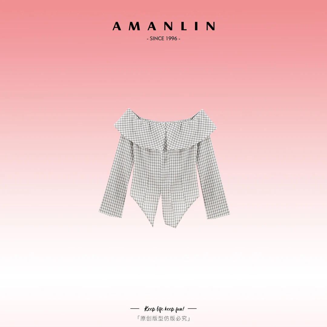 AMANLIN/阿谩琳春季百搭一字肩套头格子设计感下摆上衣F595763