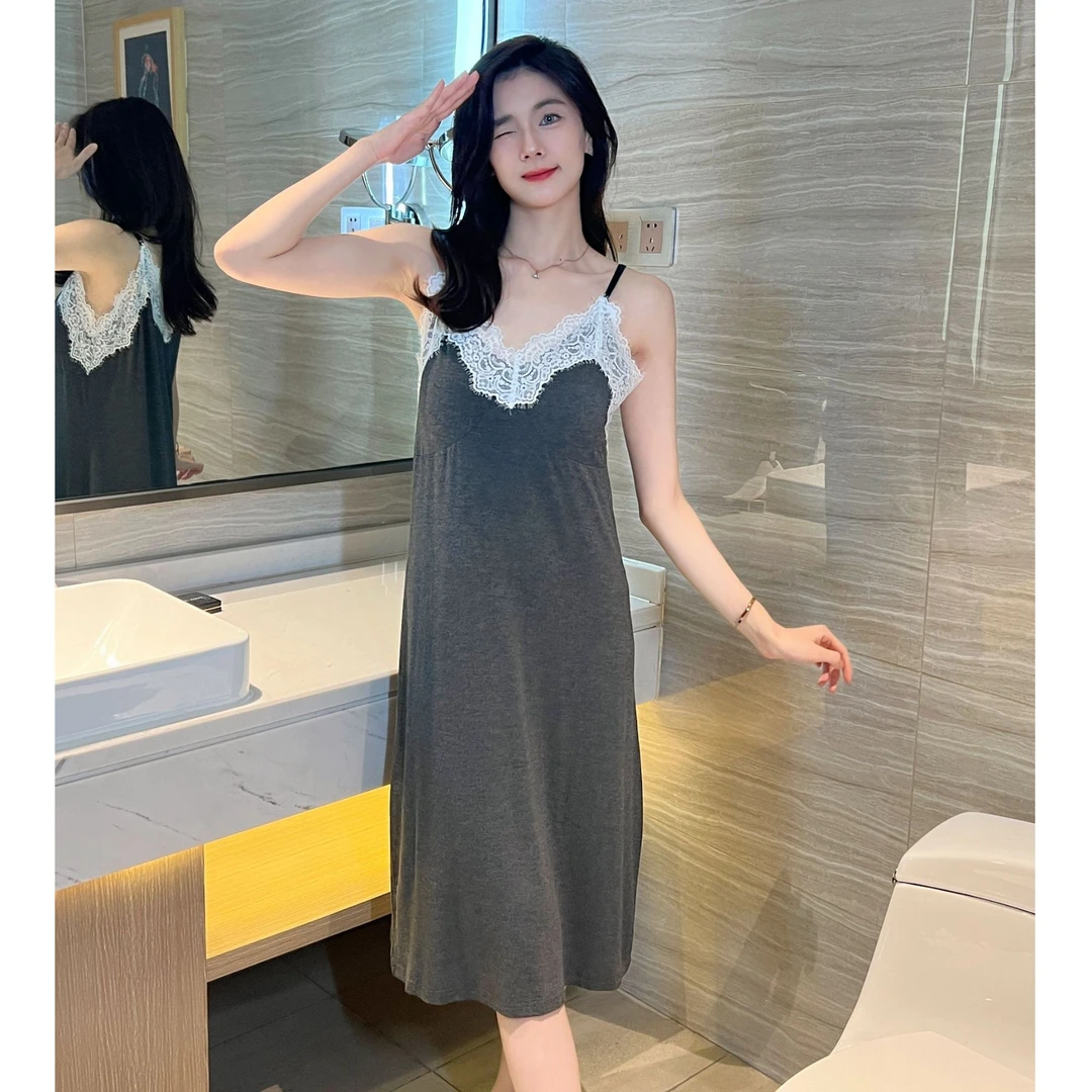 【有胸垫】莫代尔棉吊带蕾丝纯色睡裙