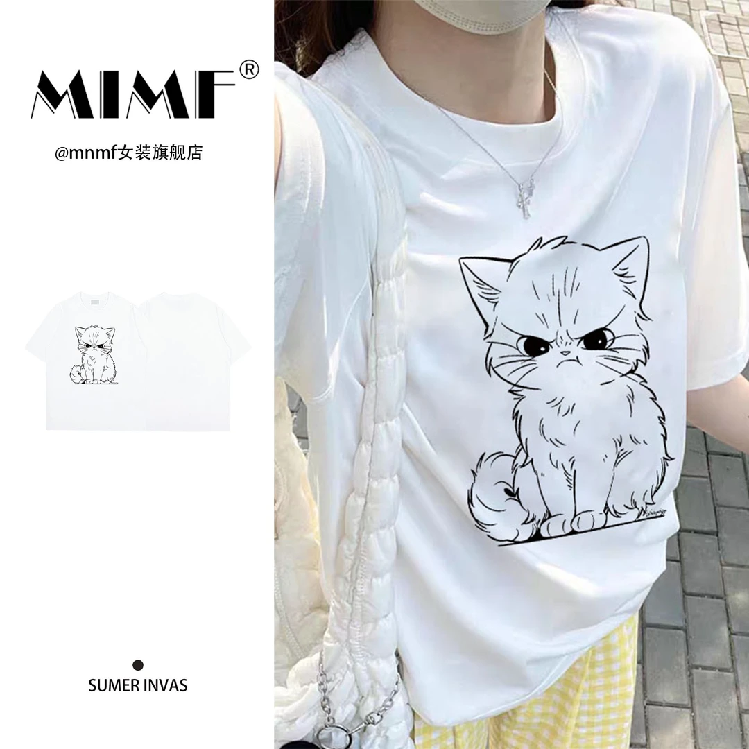 mnmf小众设计感纯棉猫咪印花白色短袖T恤女装夏季新款打底衫上衣