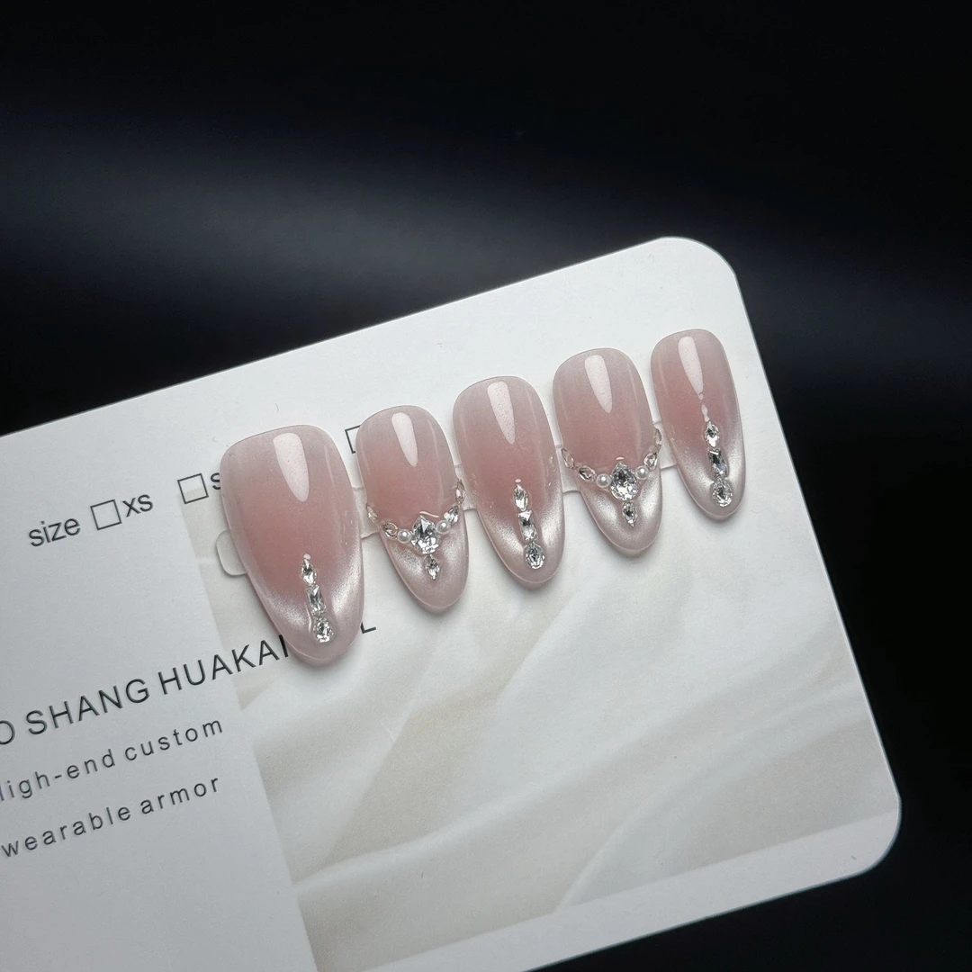 【月光渺渺】温柔浪漫灰粉色猫眼拼钻气质8062402 纯手工穿戴甲