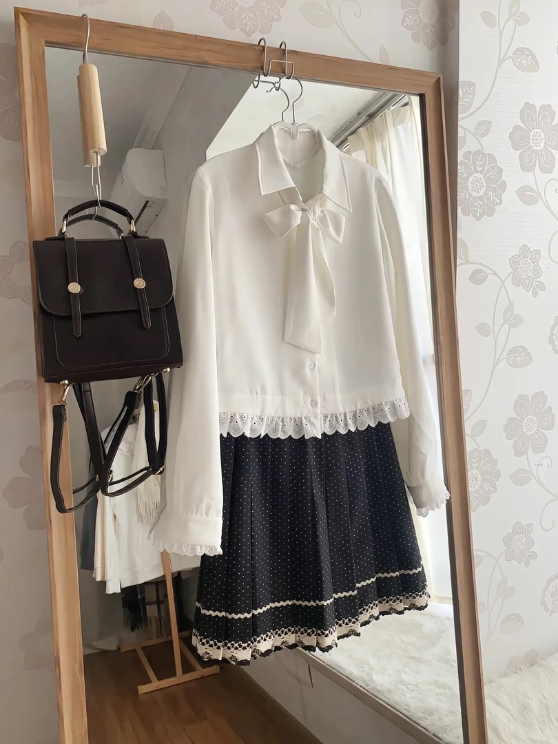 lulu小圆点雪纺蝴蝶结长袖jk衬衫学院风波点花边中长裙高级感套装