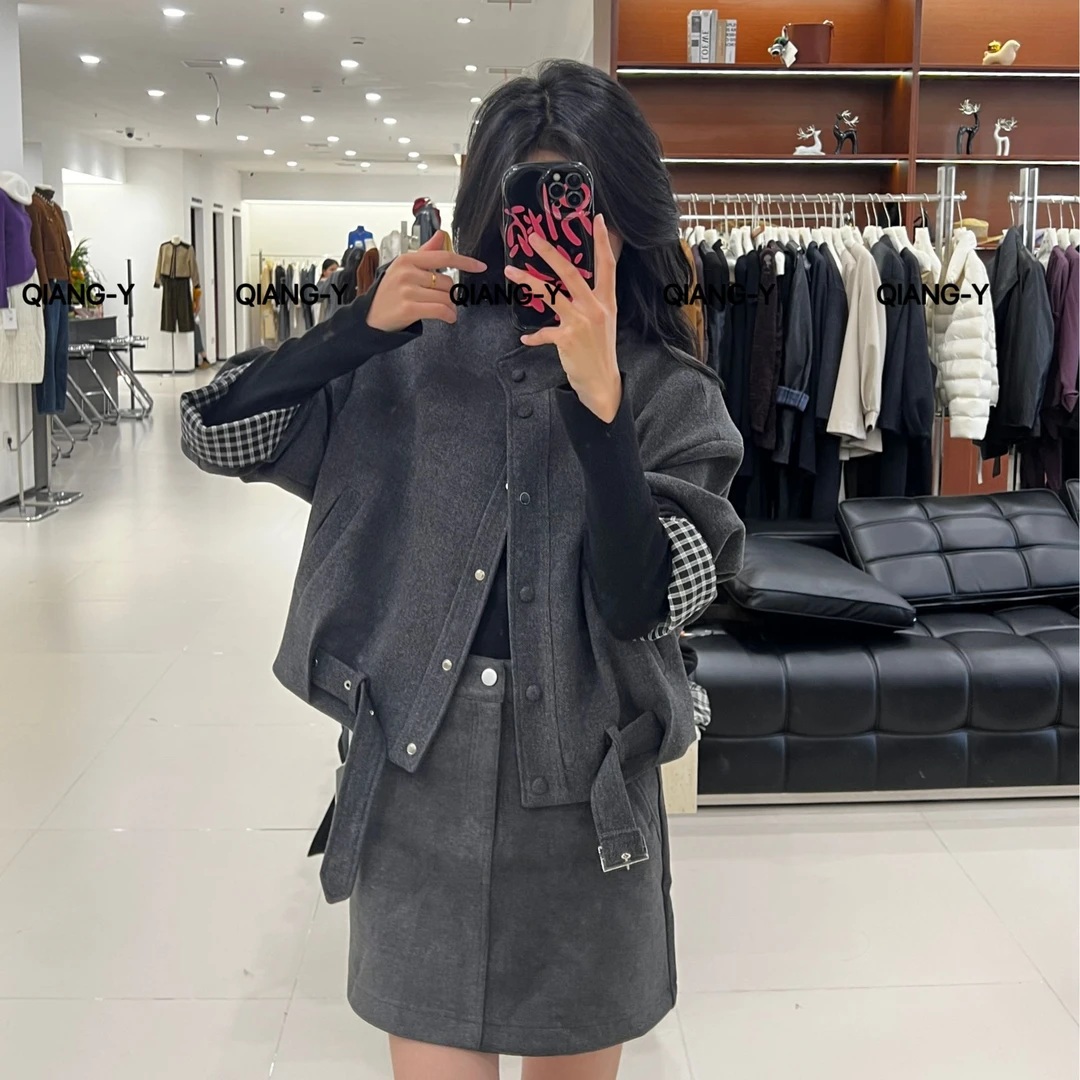 修身型老钱风厚款可调节立领极简风女秋冬毛呢外套690