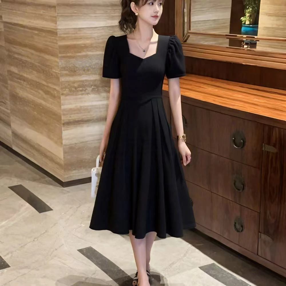 【有口袋】2025新款夏季气质遮肚子方领连衣裙赫本风小个子a字长裙