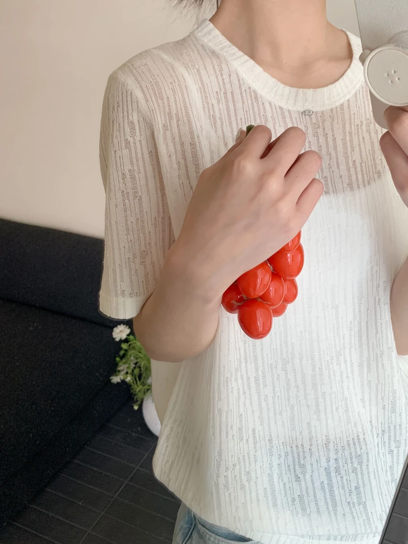 【潘潘.688871】2025年夏新款时尚百搭亚麻+欧根纱针织衫5.17福利