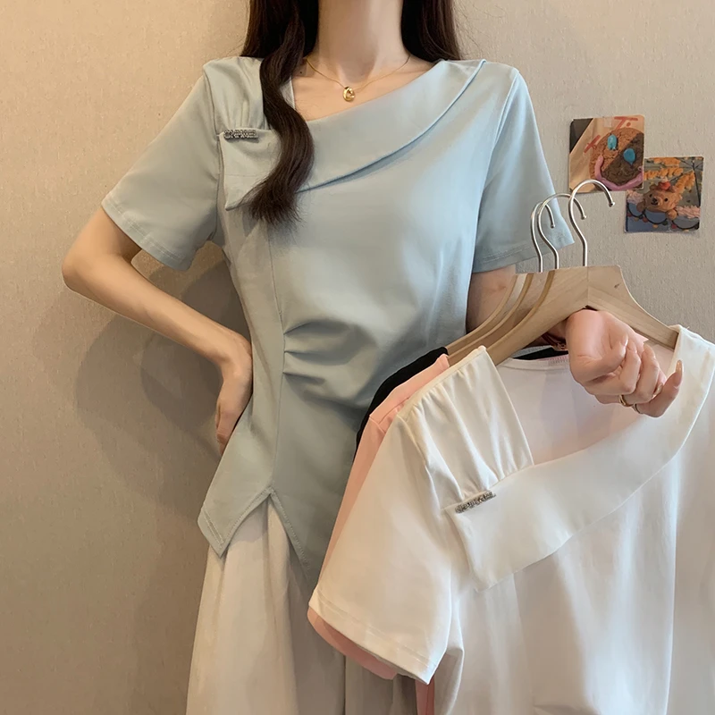 夏季新款时尚短袖T恤微胖妹妹洋气设计感不规则显瘦百搭打底上衣