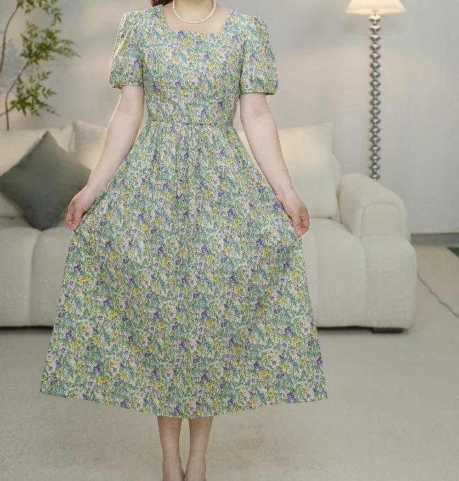 X006连衣裙油画碎花显瘦法式复古森系韩版温柔风夏季绿色时尚气质