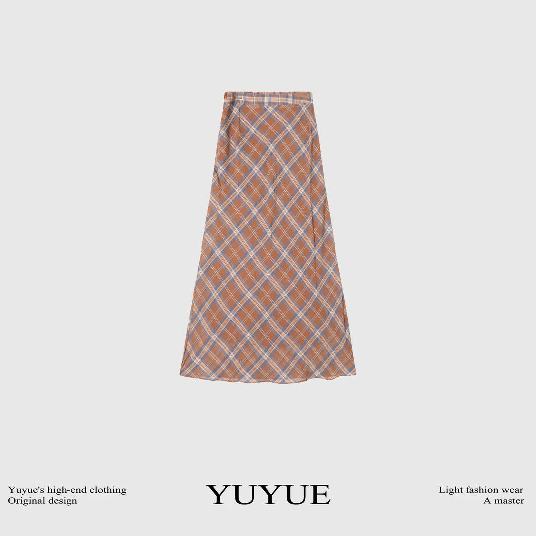 夏季撞色提花半裙格纹简约女士复古少女风高腰优雅半身裙 81192