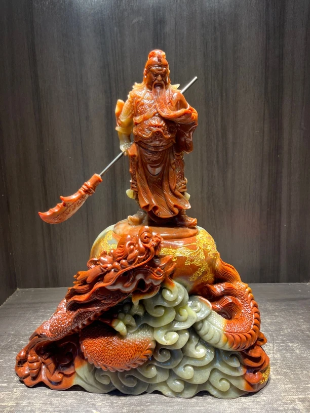 寿山石雕刻武财神御龙关公、霸气威武艺术作品全镂空设计风格