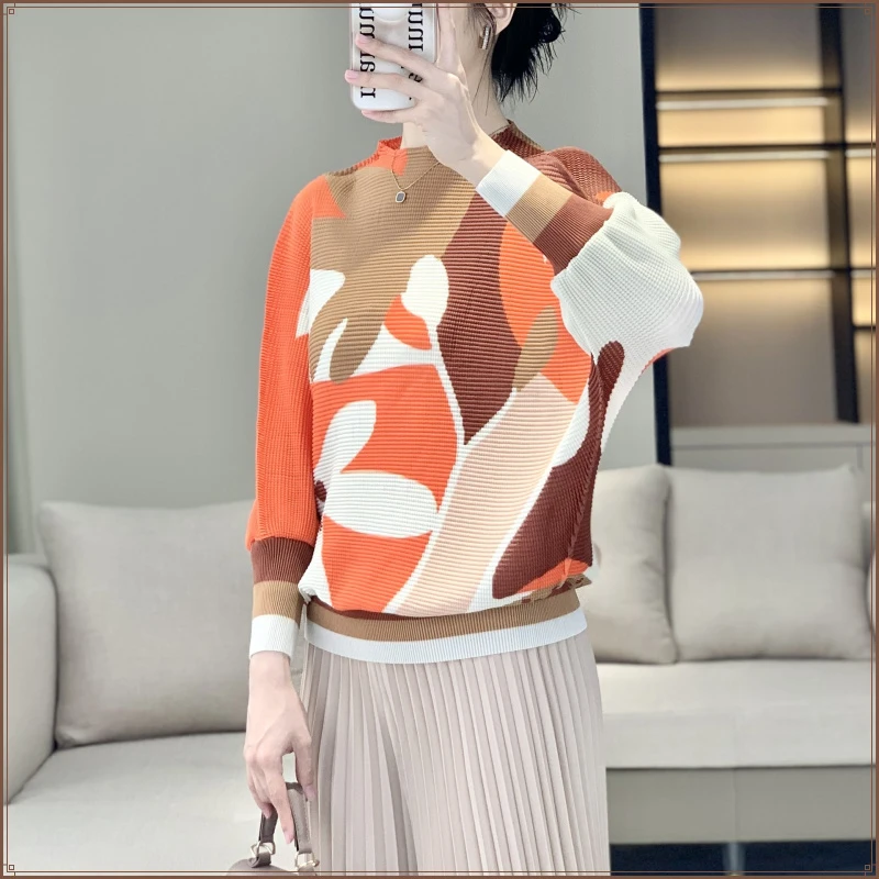 春秋款气质上衣弹力时尚套头衫女显瘦三宅褶皱印花T恤衫长袖外穿
