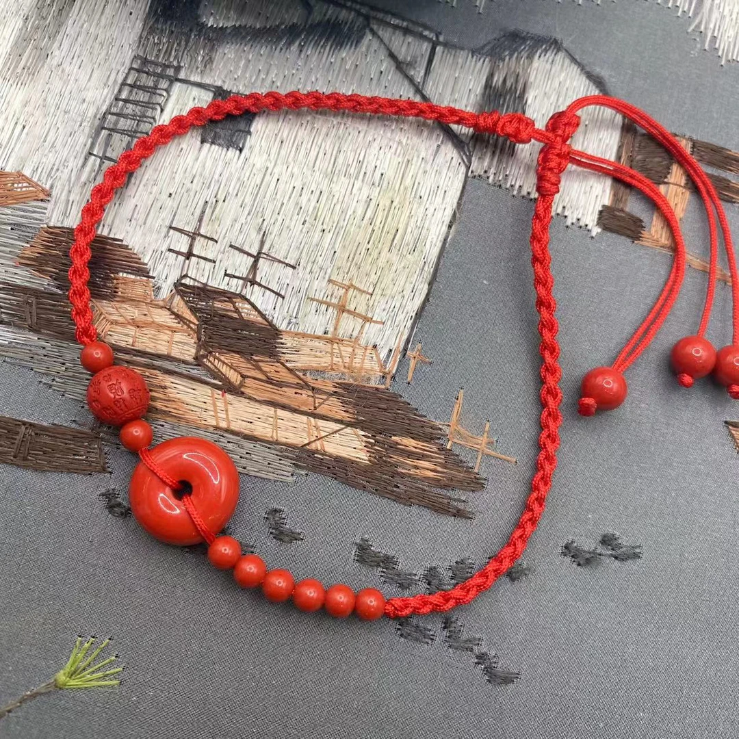 含辰砂工艺品高含量朱砂红砂设计款平安扣脚链