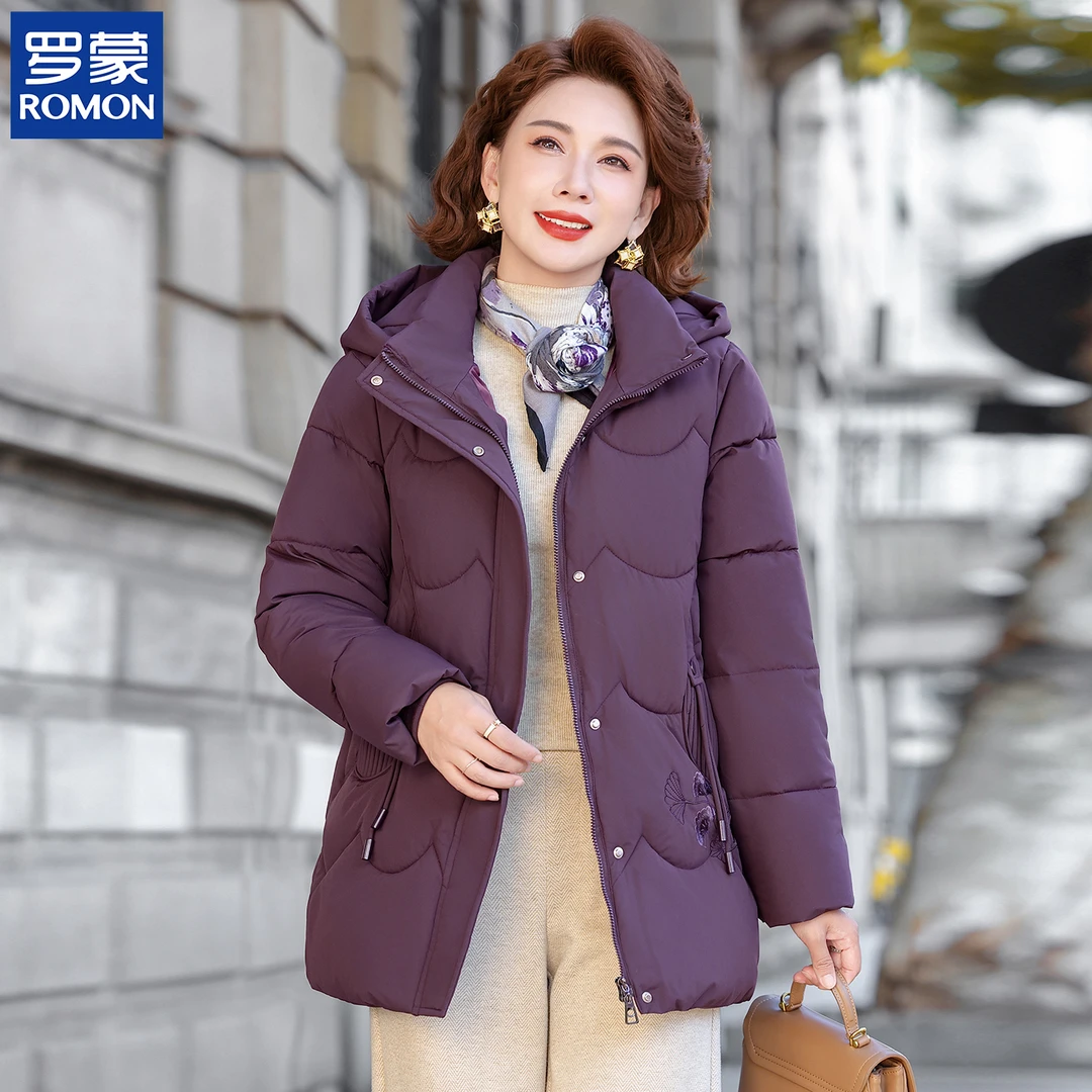 罗蒙时尚冬款妈妈装中年纯色可拆卸帽子棉衣中老年女冬季保暖棉服
