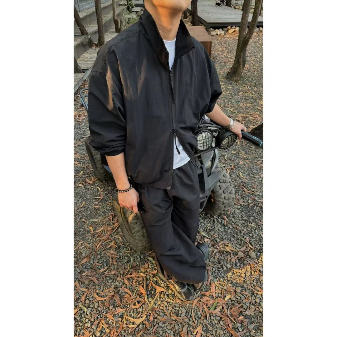 春夏纯色高级感运动立领休闲套装极简抽绳可调节宽松裤子