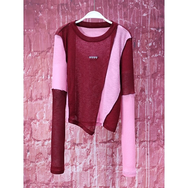 【韩哥女装】夏季红色轻薄上衣撞色拼接冰凉感圆领皮肤衣8707