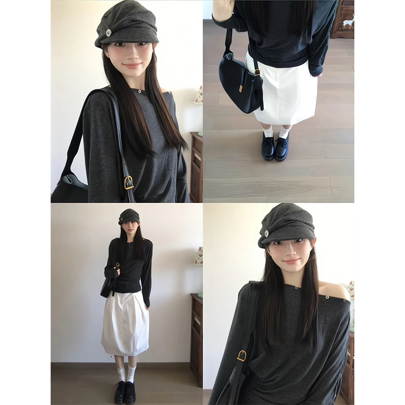 2025秋季韩系慵懒风女生温柔气质露肩长袖T恤高腰长款a字蓬蓬裙