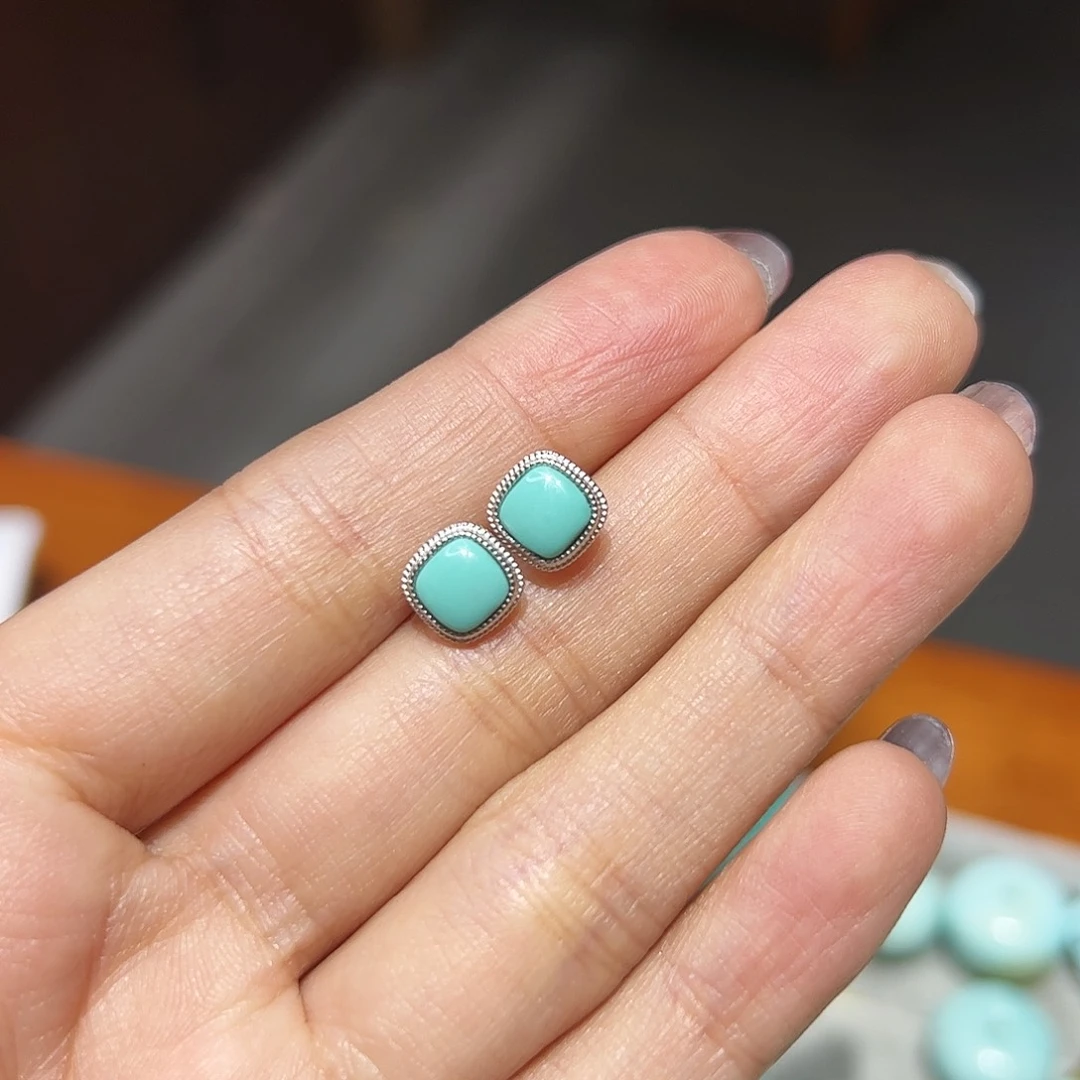 绿松石耳饰银S925镶嵌洋**妈