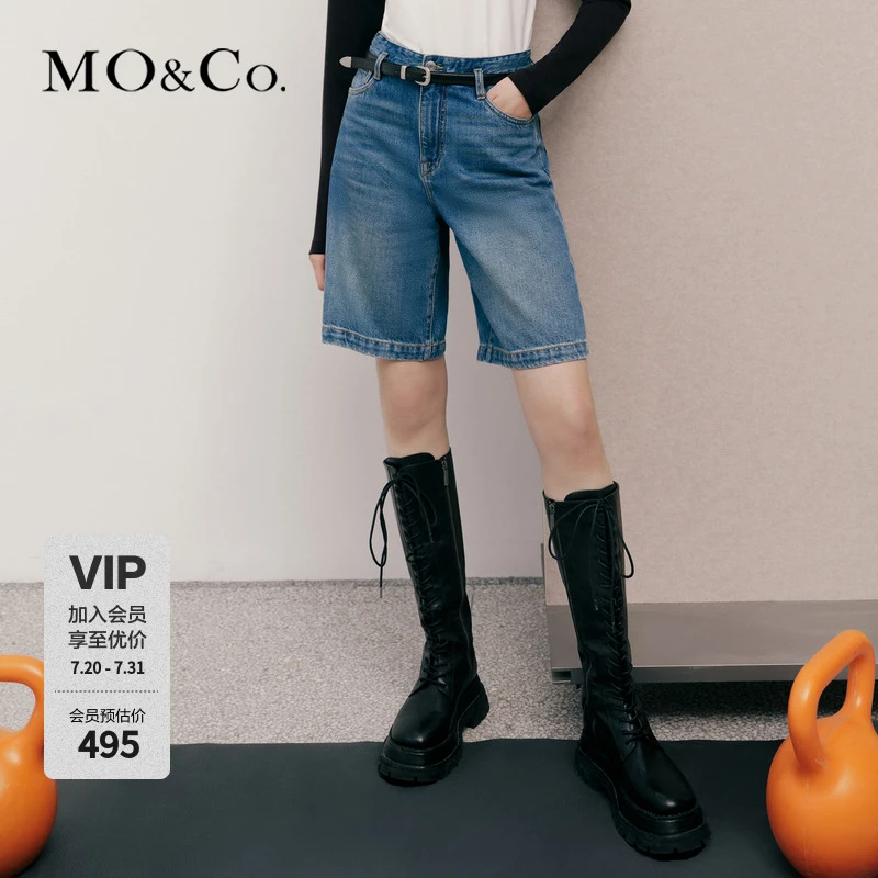 MOCO春季蓝色直筒棉质五分牛仔短裤(附腰带)MBD1SOTT09