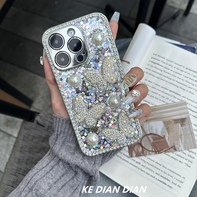 网红奢华ins高级感蝴蝶银手机壳钻边适用苹果15华为vivo小米oppo