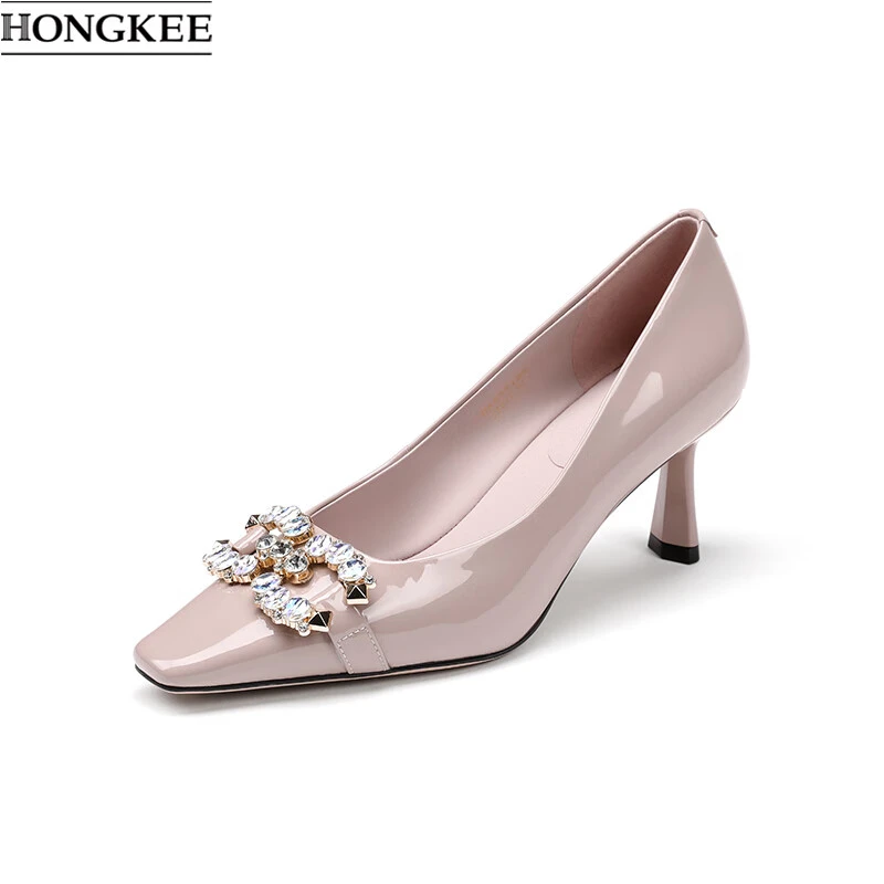 25春方头牛皮浅口水钻饰扣优雅时尚高跟鞋HA85S108