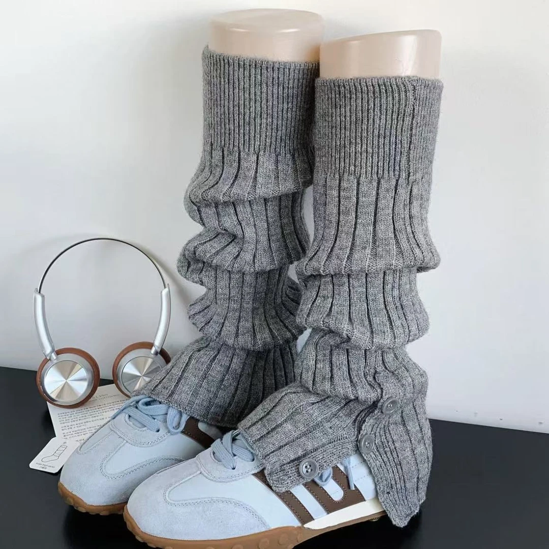 雪地靴袜套秋冬季加厚保暖灰色护膝腿套纽扣开叉修饰粗腿堆堆袜子