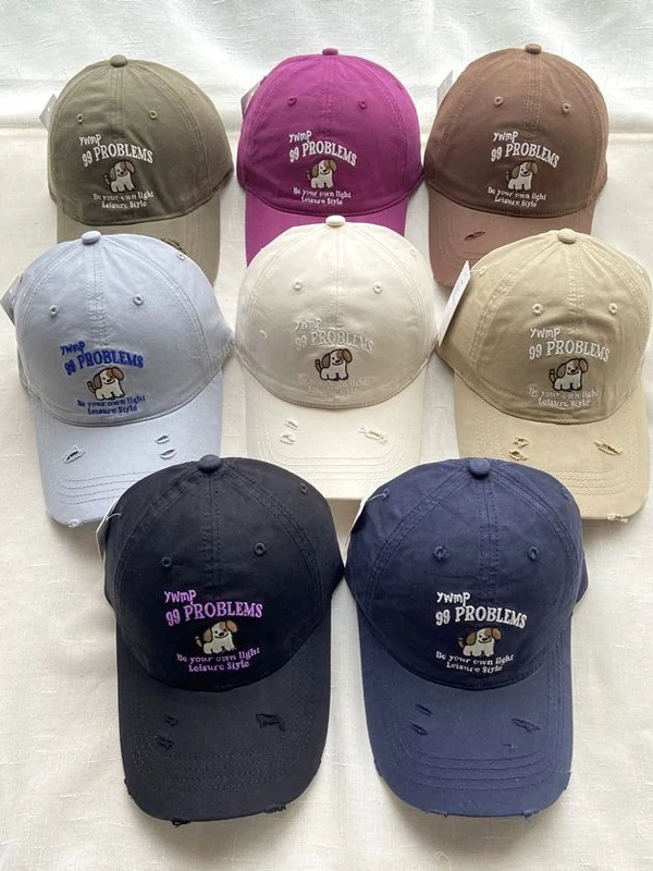 可爱小狗字母刺绣做旧软顶棒球帽大头围户外遮阳防晒显脸小鸭舌帽