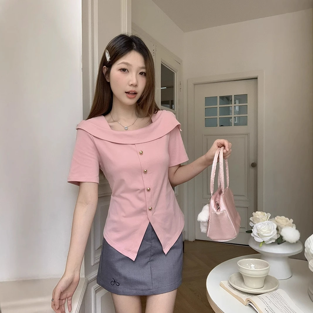 2025夏装新款胖mm大码女韩版甜美一字肩不规则短袖上衣