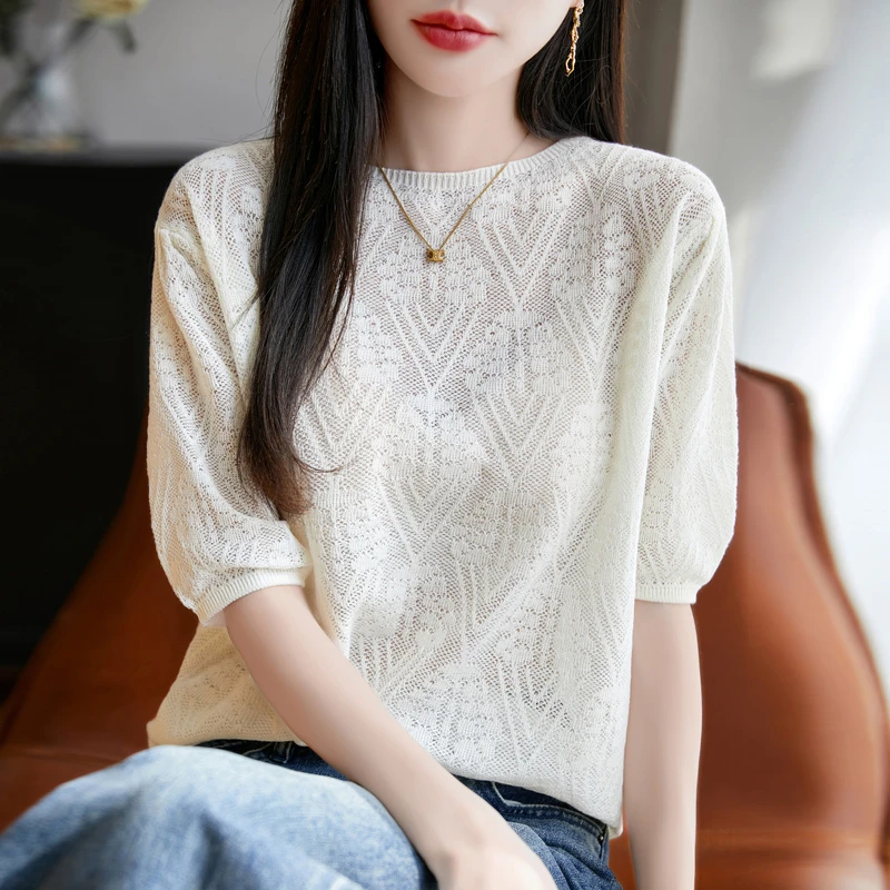 女短袖中袖针织衫圆领针织短袖上衣显瘦毛针织衫蕾丝气质时尚百搭