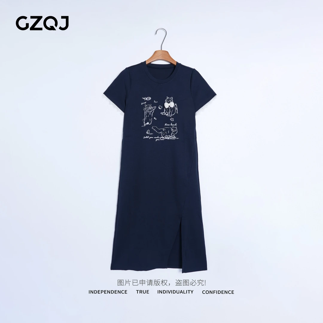 广州琴姐【森梦喵语】欧若风袖口蕾丝花边圆领短袖连衣裙子女夏0642