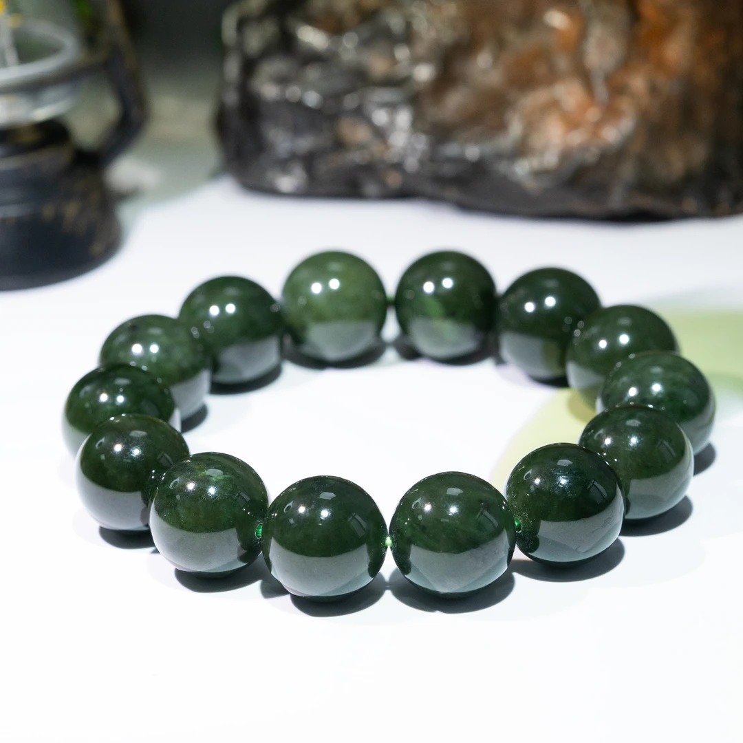 【巴基斯坦】0504-JBTCP22 天然和田玉碧玉手串11-12mm菠菜绿微黑点
