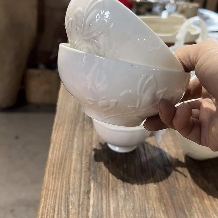 库存尾货骨瓷玉兰米饭碗一对kouj12