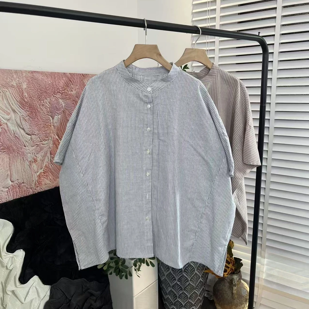 日系宽松文艺「色织条纹单排扣」衬衫女E5167