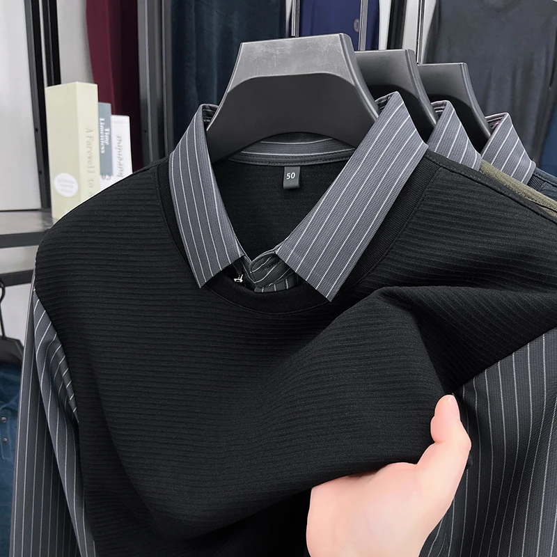 2025春季男士假两件衬衫领长袖t恤商务休闲条纹百搭男装打底衫