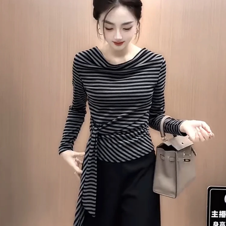 韩版设计感绑带百搭长袖T恤衫女2025秋季新款修身显瘦设计感上衣